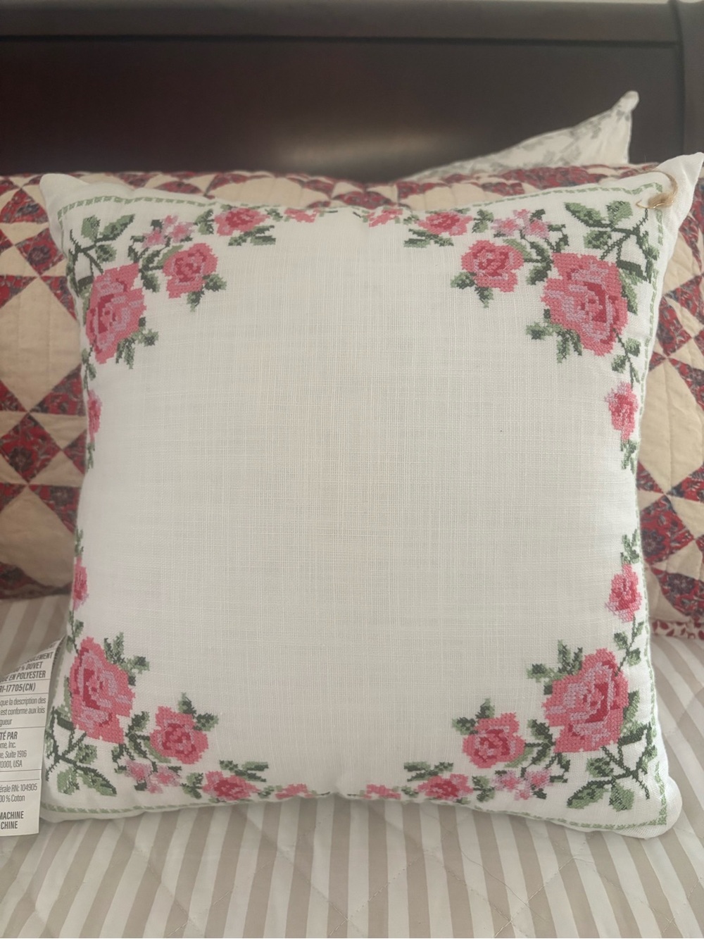 Embroidered Maeve Rose Square Throw Pillow - White with Pink Roses